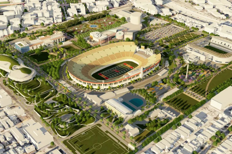 Rendering of aerial view of expanded Exposition Park in central Los Angeles with multiple sports stadiums and park facilities.